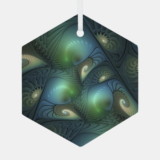 Spiralen Blauwgroen Beige Groene Abstracte Fractal Glas Ornament (Achterkant)