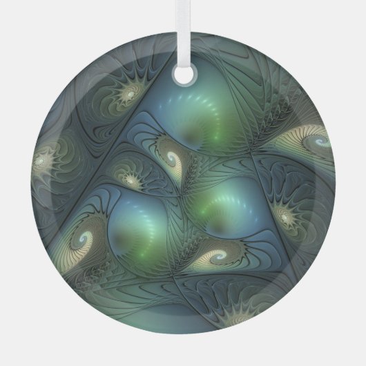 Spiralen Blauwgroen Beige Groene Abstracte Fractal Glas Ornament (Voorkant)