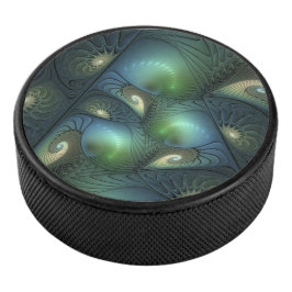 Spiralen Blauwgroen Beige Groene Abstracte Fractal Hockey Puck
