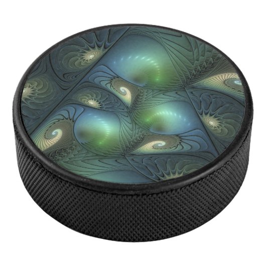 Spiralen Blauwgroen Beige Groene Abstracte Fractal Hockey Puck (3/4)