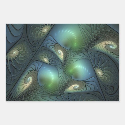 Spiralen Blauwgroen Beige Groene Abstracte Fractal Inpakpapier Vel (Voorkant 3)