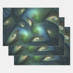 Spiralen Blauwgroen Beige Groene Abstracte Fractal Inpakpapier Vel