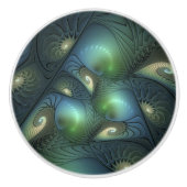 Spiralen Blauwgroen Beige Groene Abstracte Fractal Keramische Knop (Voorkant)