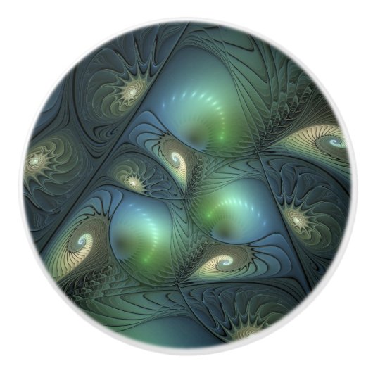 Spiralen Blauwgroen Beige Groene Abstracte Fractal Keramische Knop (Voorkant)