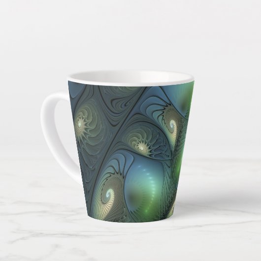 Spiralen Blauwgroen Beige Groene Abstracte Fractal Latte Mok (Linkerhoek)