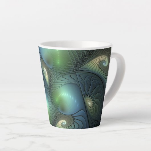 Spiralen Blauwgroen Beige Groene Abstracte Fractal Latte Mok (Rechterhoek)