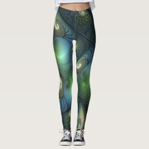 Spiralen Blauwgroen Beige Groene Abstracte Fractal Leggings