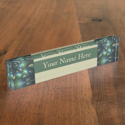 Spiralen Blauwgroen Beige Groene Abstracte Fractal Naambordje (Zijkant)