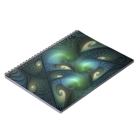 Spiralen Blauwgroen Beige Groene Abstracte Fractal Notitieboek (Linkerzijde)