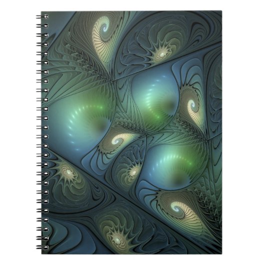 Spiralen Blauwgroen Beige Groene Abstracte Fractal Notitieboek (Voorkant)