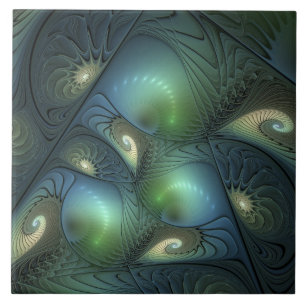 Spiralen Blauwgroen Beige Groene Abstracte Fractal Tegeltje