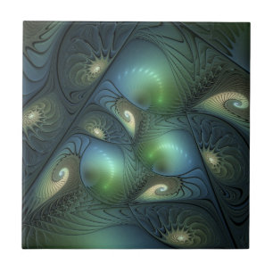 Spiralen Blauwgroen Beige Groene Abstracte Fractal Tegeltje