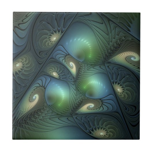 Spiralen Blauwgroen Beige Groene Abstracte Fractal Tegeltje (Voorkant)
