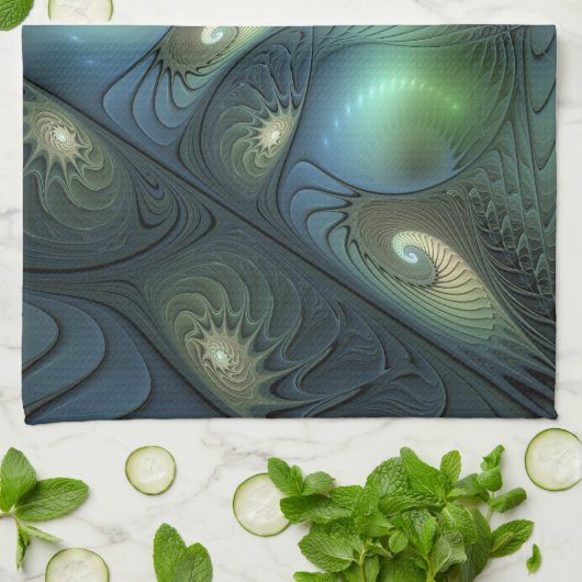 Spiralen Blauwgroen Beige Groene Abstracte Fractal Theedoek (Gevouwen)