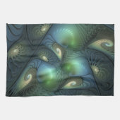 Spiralen Blauwgroen Beige Groene Abstracte Fractal Theedoek (Horizontaal)