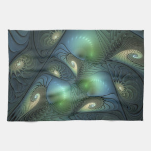 Spiralen Blauwgroen Beige Groene Abstracte Fractal Theedoek