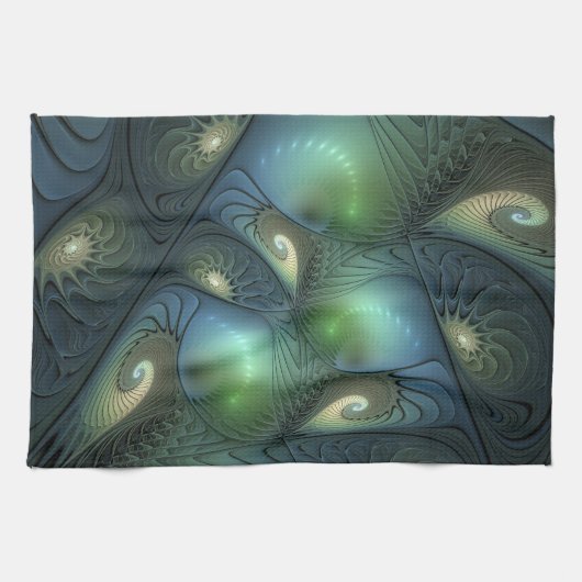 Spiralen Blauwgroen Beige Groene Abstracte Fractal Theedoek (Horizontaal)