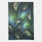 Spiralen Blauwgroen Beige Groene Abstracte Fractal Theedoek (Verticaal)