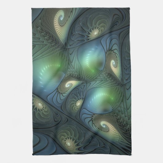 Spiralen Blauwgroen Beige Groene Abstracte Fractal Theedoek (Verticaal)