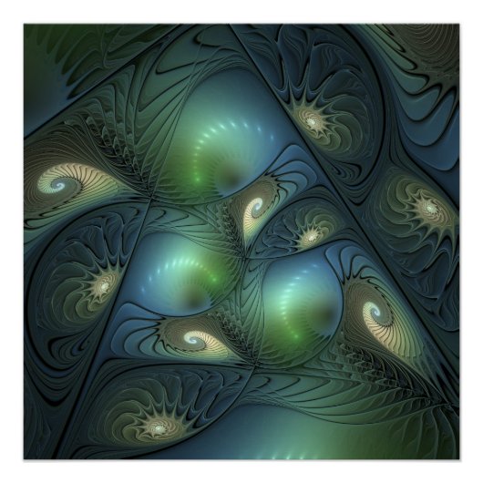 Spirals Beige Green Turquoise Abstracte Fractal Ar Perfect Poster (Voorkant)