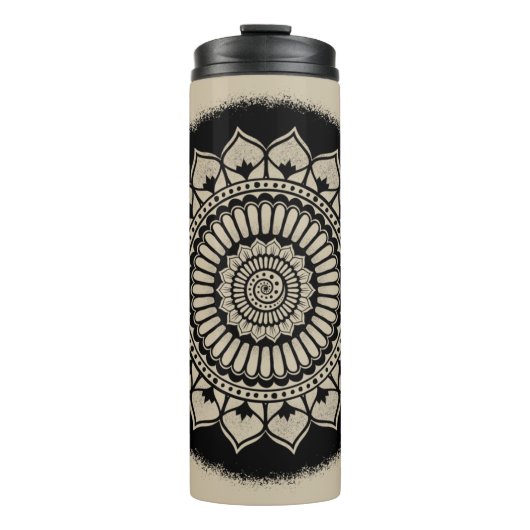 Spirals Stippen Flowers Black Tan Henna Mandala Thermosbeker (Voorkant)