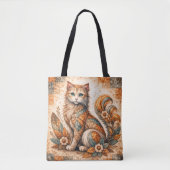 Spirit Cat, Boho Patchwork Rustic Folk Art Tote Bag (Voorkant)