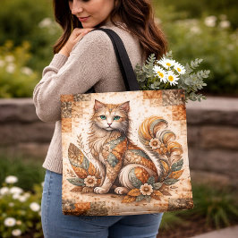Spirit Cat, Boho Patchwork Rustic Folk Art Tote Bag