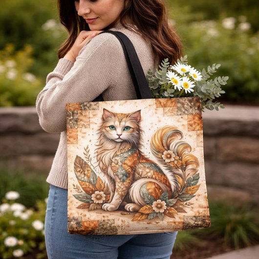 Spirit Cat, Boho Patchwork Rustic Folk Art Tote Bag