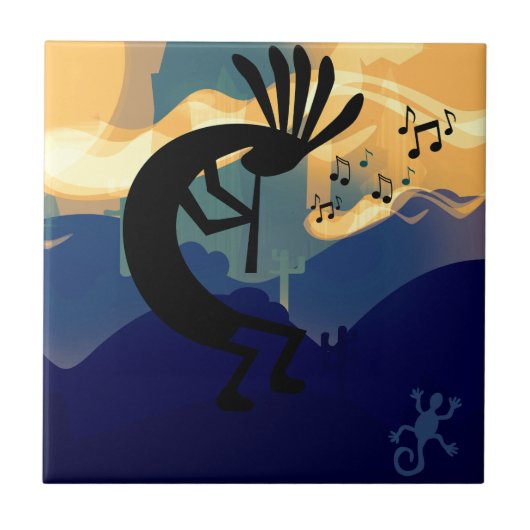 Spirit Kokopelli Desert Landscape Blauwgroen Music Tegeltje (Voorkant)