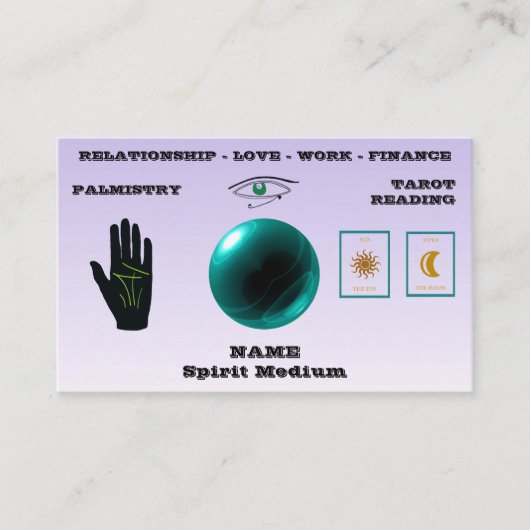 Spirit Medium, Green Crystal Ball, Palmistry, Taro Visitekaartje (Voorkant)