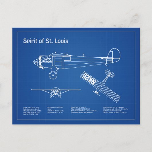 Spirit of St. Louis - Vliegtuig Blauwdruk Plannen  Briefkaart (Voorkant)