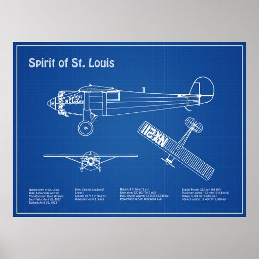 Spirit of St. Louis - Vliegtuig Blauwdruk Plannen Poster (Voorkant)