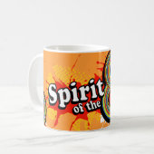 "Spirit of the 80's" oranje logo retro mok (Voorkant links)