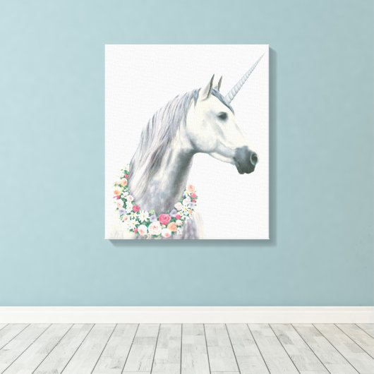 Spirit Unicorn met bloemen rond de nek Canvas Afdruk (Insitu (Houten vloer))