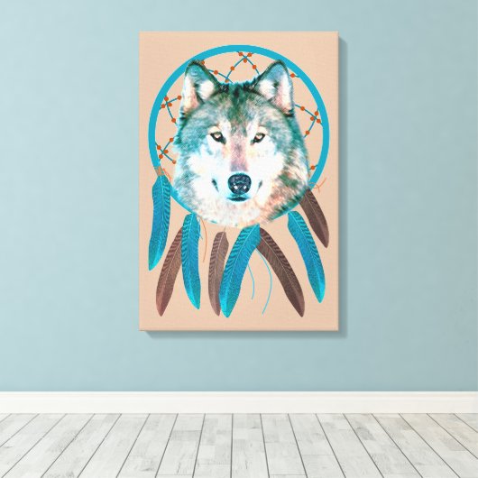 Spirit Wolf Dream Catcher Custom Wrapped Canvas (Insitu (Houten vloer))