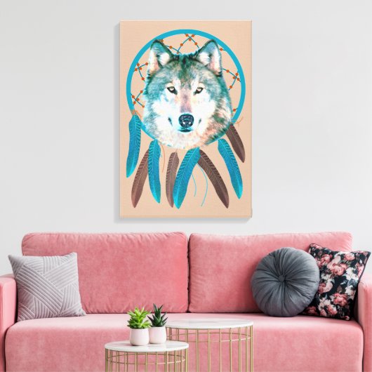 Spirit Wolf Dream Catcher Custom Wrapped Canvas (Insitu (Woonkamer))