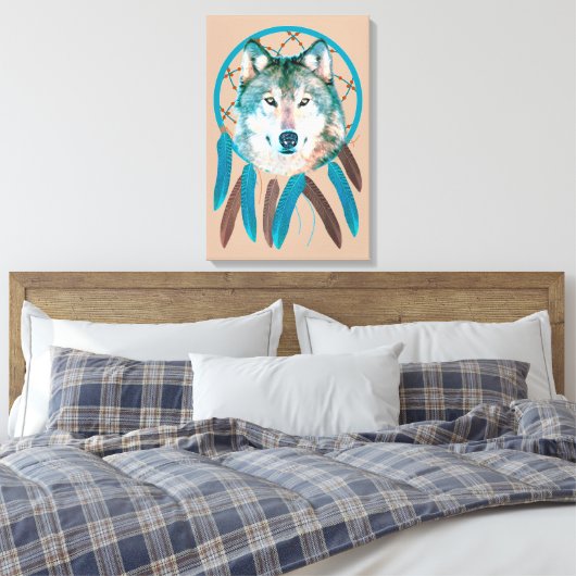 Spirit Wolf Dream Catcher Custom Wrapped Canvas (Insitu (Slaapkamer))