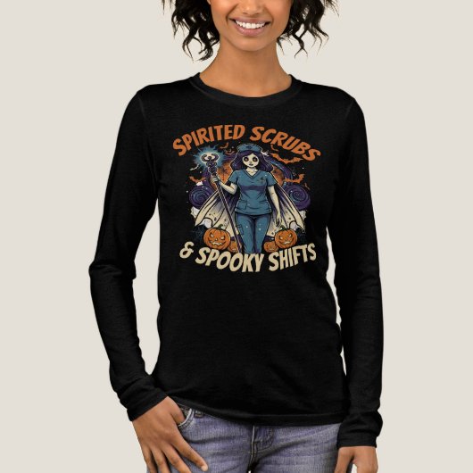Spirited Scrubs & Spooky Shifts Verpleegster Hallo Tri-Blend Shirt (Voorkant)