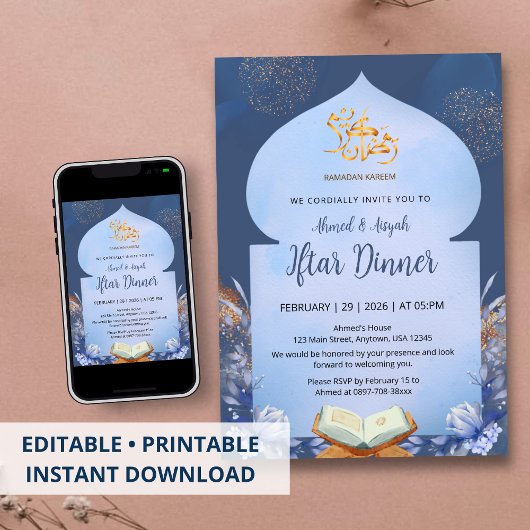 Spiritual Blue Watercolor Iftar & Quran Invitation Kaart