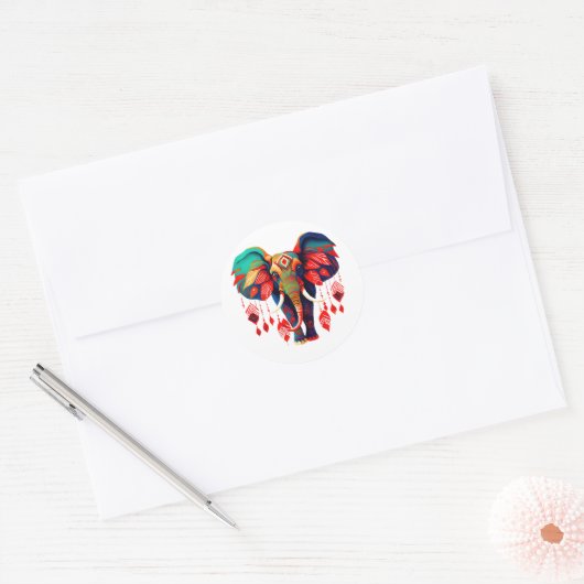Spiritual Elephant with Red Feathers Ronde Sticker (Envelop)