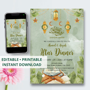 Spiritueel groen aquarel Koran & lantaarn Iftar Kaart