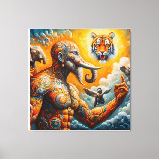 spiritueel man olifant tijger kleurrijk canvas afdruk (Voorkant)