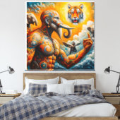 spiritueel man olifant tijger kleurrijk canvas afdruk (Insitu (Slaapkamer))