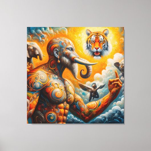 spiritueel man olifant tijger kleurrijk canvas afdruk (Voorkant)