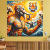 spiritueel man olifant tijger kleurrijk canvas afdruk (Insitu (Woonkamer))