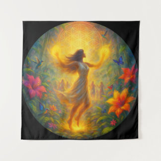 Spiritueel Wandkleed – Vrouw in Licht en Beweging