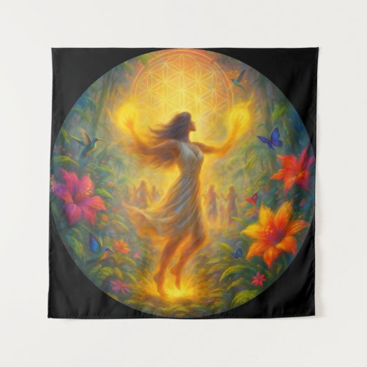 Spiritueel Wandkleed – Vrouw in Licht en Beweging (Voorkant)