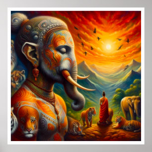 spirituele Boeddha en olifant Poster