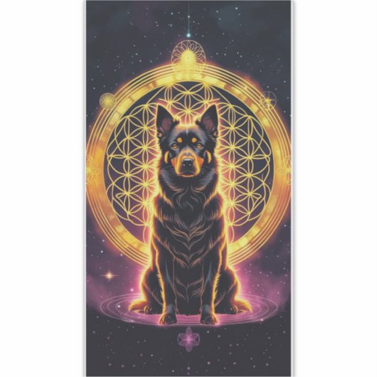 Spirituele hond met gouden mandala en levensbloem sticker (Voorkant)