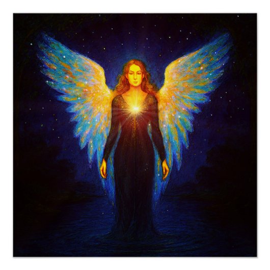 Spirituell Leuchtender Engel bei Nacht am See Perfect Poster (Voorkant)